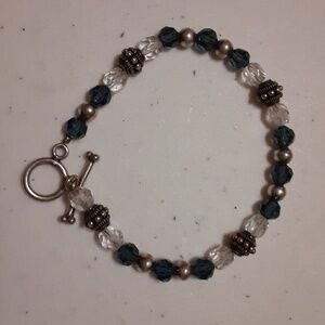 Smoky Blue, Clear & Silver Tone Beaded Bracelet